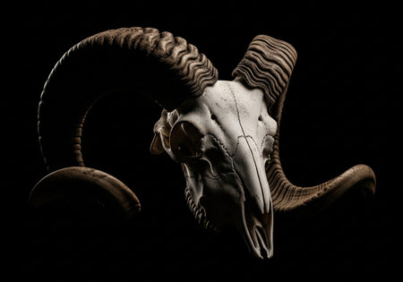 A ram skull with large, curved, textured horns. The animal bone is isolated on a black background under a dramatic spotlight.の素材
