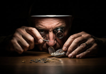 A watchmaker repairs an antique pocket watch. This portrait highlights his precision, skill, and dedication to craftsmanship.の素材