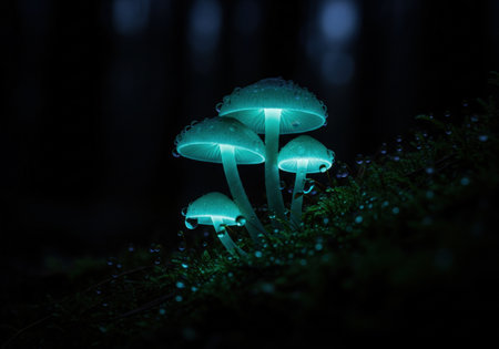 A group of bioluminescent mushrooms, possibly Mycena, glowing with an ethereal blue-green light in a dark forest on a bed of moss.の素材