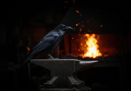 A mysterious black raven sits on a blacksmith's anvil. In the background, the fire of the forge glows with sparks in a dark workshop.の素材