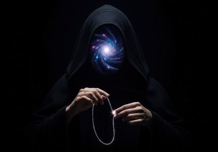 A mysterious fantasy figure with a galaxy for a face. The robed character is holding a sparkling magic thread.の素材