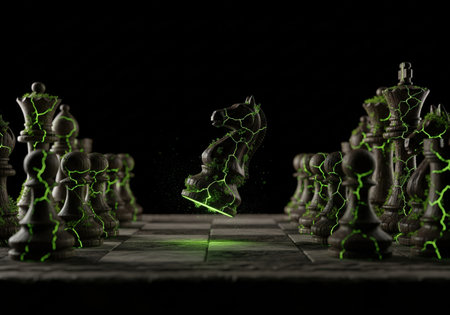 A fantasy chess game concept. A stone knight levitates to make a move, with green magical energy glowing from cracks in the pieces.の素材