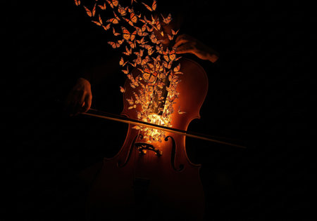 A surreal and beautiful conceptual image of a musician playing the cello, with a swarm of glowing monarch butterflies flying out.の素材