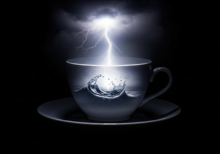 A storm in a teacup, a surreal concept of inner turmoil. Lightning flashes inside a coffee cup, creating a dramatic and powerful image.の素材