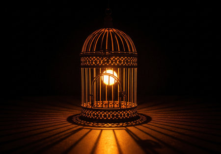A surreal and conceptual image of the sun glowing inside a birdcage. The powerful light source casts dramatic shadows in the darkness.の素材