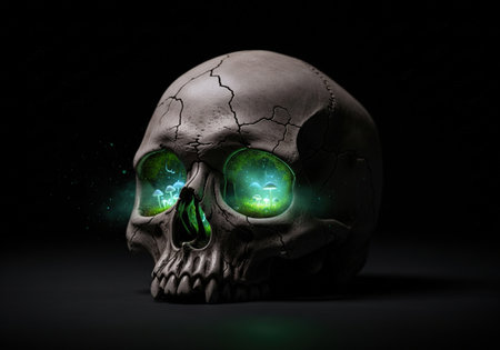 Creepy human skull with a glowing magic mushroom forest inside. A spooky fantasy scene with magical spores and light coming out.の素材