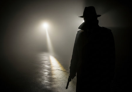 A silhouette of a mysterious detective in a fedora hat and trench coat, holding a gun on a dark, foggy, and wet street at night.の素材