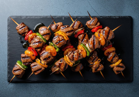 An overhead view of delicious traditional south african savories. These meat and apricot skewers are served on a slate platter.の素材