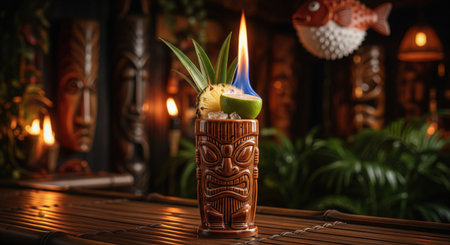 A delicious zombie tiki cocktail with a flaming lime garnish. This strong rum drink is served in a tropical tiki bar.の素材