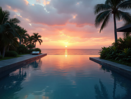An enchanting infinity pool reflects vibrant sunset colors while overlooking a serene ocean. Palm trees frame the view, creating a peaceful retreat.の素材