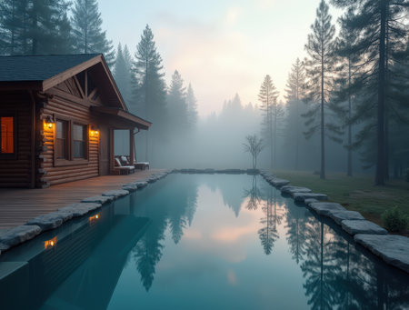 A serene rustic outdoor pool reflects the misty morning sky, framed by a cozy wooden cabin and surrounding tall trees.の素材