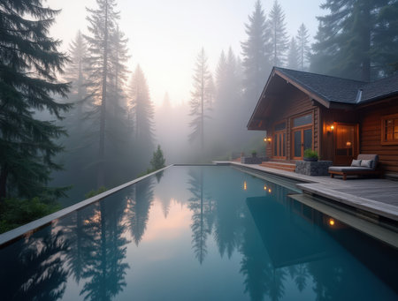 A serene rustic pool reflects the misty morning sky, nestled beside a wooden cabin in a tranquil forested area.の素材
