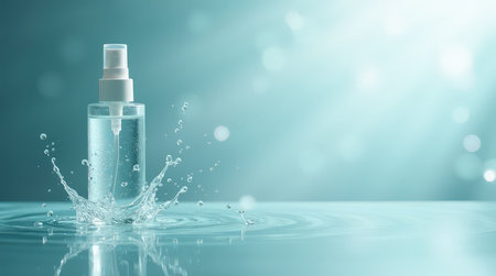 A clear spray bottle of hydrating facial mist stands on the surface as water droplets create gentle splashes around it, conveying freshness.の素材
