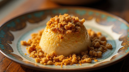 A stunning serving of sheer korma garnished with crumbled topping on a decorative plate, highlighting Afghan cuisine as an art form.の素材