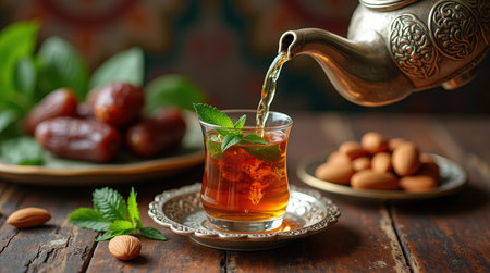 A glass of Algerian mint tea is being poured, accompanied by fresh mint, dates, and almonds on a wooden table.の素材