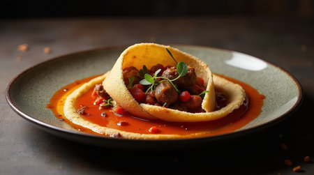 This dish features chakhchoukha, an Algerian stew, presented elegantly with flavorful ingredients and a unique serving style.の素材