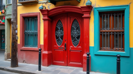 Intricately designed ironwork adorns a bold red wooden door in La Boca, Buenos Aires, showing vibrant colors and local architecture.の素材