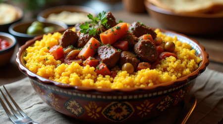 Enjoy a large bowl of couscous royale filled with tender meat, vegetables, and aromatic spices, perfect for sharing with family and friends.の素材