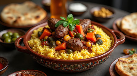 Enjoy a large serving of couscous royale featuring rich flavors, fresh vegetables, and spiced meat, perfect for family gatherings and celebrations.の素材