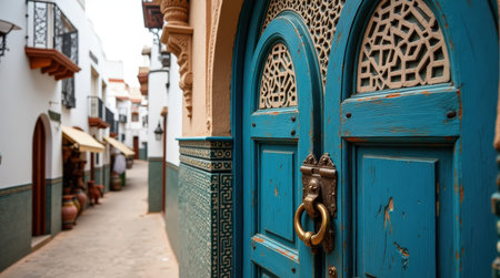 A grand arched wooden door painted in deep blue welcomes visitors to an Algerian medina.の素材