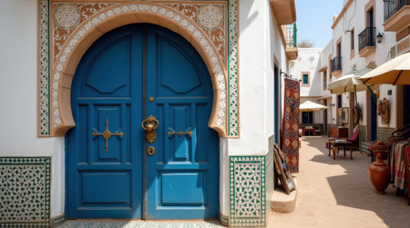 A grand arched wooden door painted deep blue stands prominently in an Algerian medina, surrounded by intricate tile work and vibrant textiles.の素材
