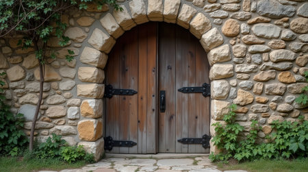 An impressive heavy arched wooden door is nestled in a weathered stone wall surrounded by greenery.の素材