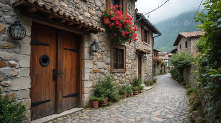 A charming stone village in Andorra features a sturdy wooden door adorned with iron hinges, surrounded by lush greenery and flower pots.の素材