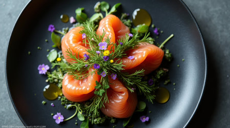 A top-down view of an elegant dish featuring salmon, herbs, and vibrant edible flowers, arranged artistically on a black plate.の素材