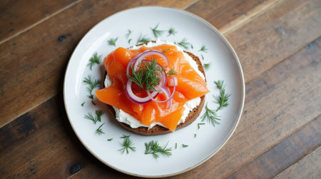 Scandinavian delight: smoked salmon on dark bread, garnished with dill and onions, beautifully arranged.の素材