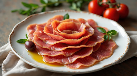 Beautifully arranged Spanish jamon iberico forms a delicate rose on a plate, enhanced by olive oil, tomatoes, and oregano.の素材