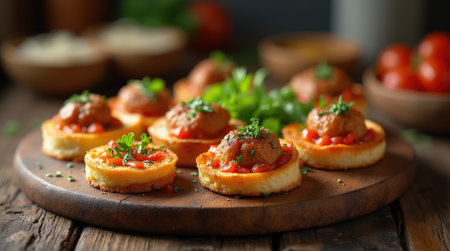 A plate presents colorful Spanish tapas, featuring small servings with meatballs and fresh toppings, perfect for sharing and enjoying.の素材
