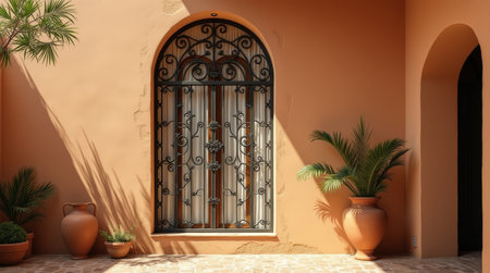 A tall arched window with elaborate black ironwork is framed by a warm orange wall and decorative plants, showing Algerian architectural beauty.の素材