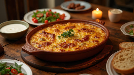A large rustic clay dish holds kosi, a baked lamb dish topped with yogurt, surrounded by fresh salads and bread, inviting family sharing.の素材