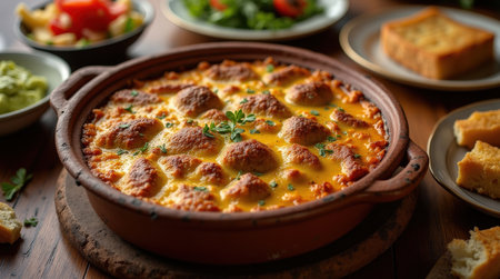 A large clay dish filled with kosi, Albanian baked lamb, is shared among family, surrounded by fresh salads and bread on a wooden table.の素材