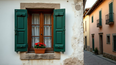A quaint wooden window with deep green shutters features a beautiful flower pot. This charming detail enhances the rustic architecture of the street.の素材