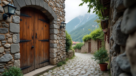 A rustic wooden door with iron fittings invites visitors to explore a picturesque Andorran village among mountains and greenery.の素材