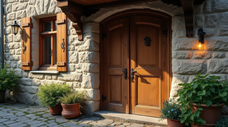 A stunning traditional wooden door showcases exquisite craftsmanship against a stone wall, framed by charming greenery and warm lighting.の素材