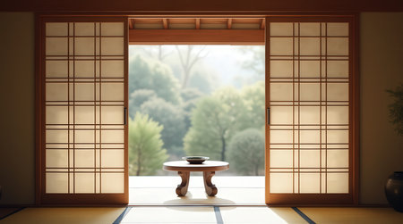A shoji door reveals a peaceful garden, allowing natural light to fill the room. The crafted woodwork enhances the tranquil atmosphere.の素材