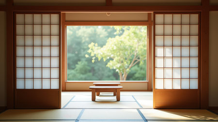 A beautifully crafted shoji door stands partially open, inviting natural light into a tranquil space overlooking a lush garden.の素材