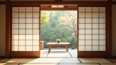 A beautifully crafted shoji door opens to reveal a peaceful outdoor space with a table and greenery. Sunlight enhances the tranquil atmosphere.の素材