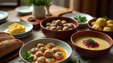 A warm gathering around a table filled with traditional Scandinavian dishes like meatballs and creamy soups, perfect for family bonding.の素材