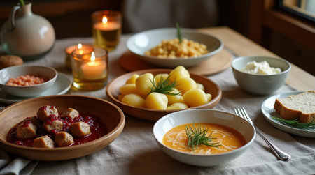 A cozy table set for a Scandinavian family-style dinner with various traditional dishes, creating an inviting atmosphere for gathering.の素材
