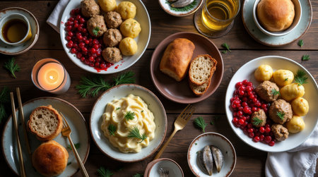Experience a cozy Scandinavian family-style dinner with delicious meatballs, potatoes, and lingonberries beautifully displayed on the table.の素材