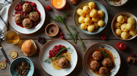 Enjoy a cozy dinner featuring traditional Scandinavian meatballs served with potatoes and rich berry sauce, perfect for family gatherings.の素材