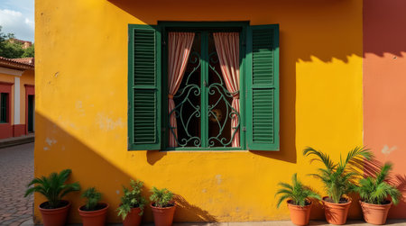 A striking yellow wall showcases a dark green shuttered window with intricate wrought-iron grilles and tasteful curtains, surrounded by potted plants.の素材