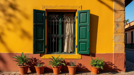 A striking yellow-framed window opens outward, revealing dark green shutters and decorative wrought-iron grilles, flanked by potted plants.の素材