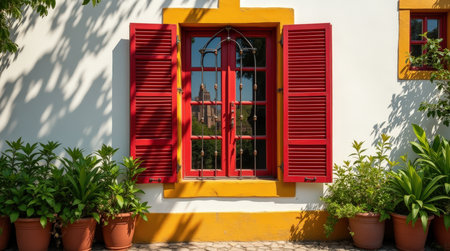 A vibrant red window with wooden shutters enhances the charm of a classic Argentine villa, surrounded by lush greenery and terracotta pots.の素材