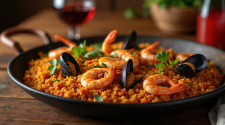 A warm and inviting plate of Spanish seafood paella featuring shrimp and mussels garnished with parsley, inviting a culinary experience.の素材