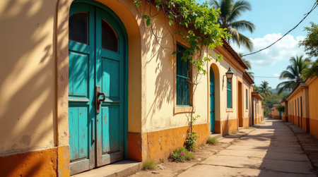 A charming colonial street features a weathered turquoise wooden door, surrounded by warm earthy tones and lush greenery in Angola.の素材