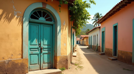 A charming street in an Angolan colonial town features a faded turquoise wooden door with peeling paint, surrounded by colorful buildings.の素材
